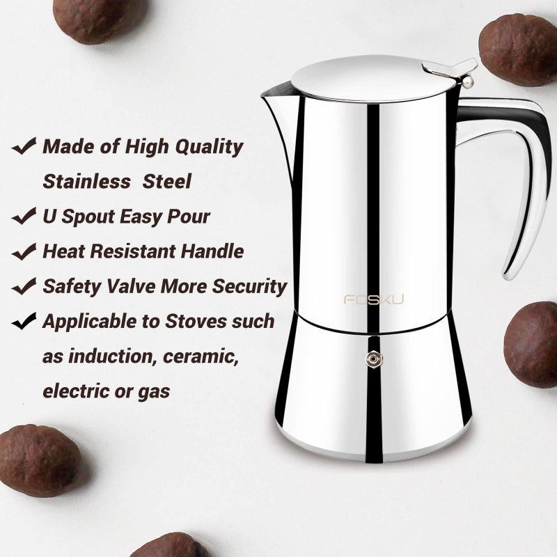 FOSKU Stovetop Espresso Maker, Stainless Steel Moka Pot, Italian Style Coffee Maker, Espresso Pot For 6 Cups, 300ml (Silver) - Image 3